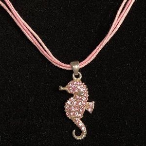 Pink Rhinestone Seahorse String Cord Necklace